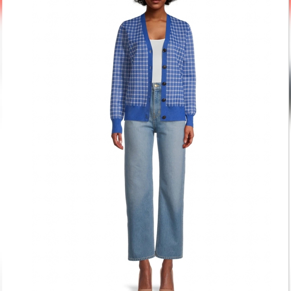 Tory Burch Sheer Blue Plaid Cardigan